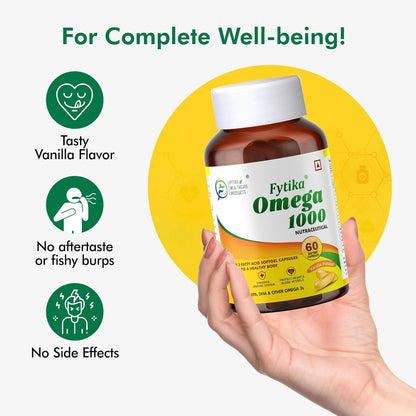 FYTIKA Omega 3 Fish Oil 1000mg 60 Capsules for Heart, Eye, Skin, Brain, Joint & Muscle Support | Omega 3 1000mg Fatty Acid Capsule enriched with EPA 360mg+DHA 240mg & Omega Fatty Acids 400mg