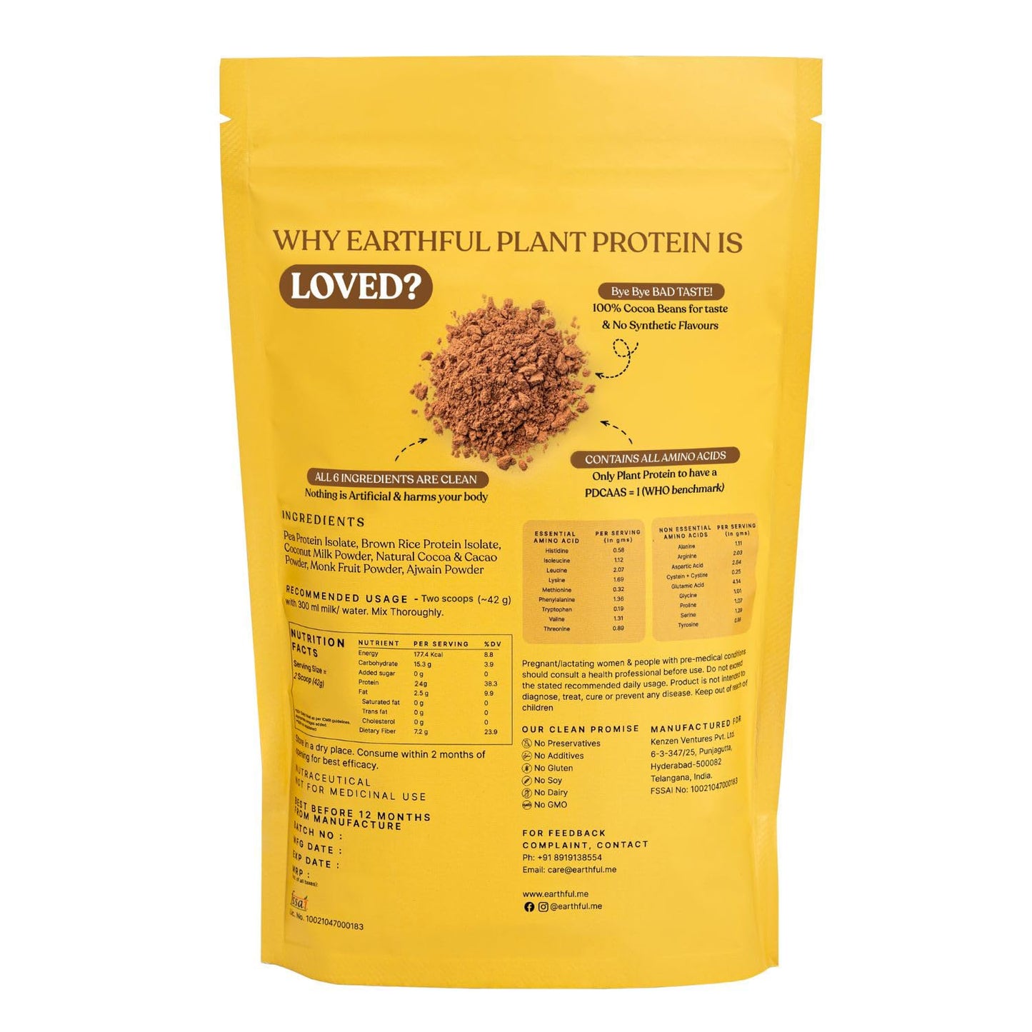 Earthful Honest Plant Protein | 24g Protein/Serving & 4.9g BCCAs | For Weight Management, Energy, Muscle Support & Recovery | Made with Pea & Brown Rice | Indonesian Cocoa - 504g