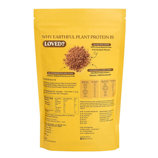 Earthful Honest Plant Protein | 24g Protein/Serving & 4.9g BCCAs | For Weight Management, Energy, Muscle Support & Recovery | Made with Pea & Brown Rice | Indonesian Cocoa - 504g