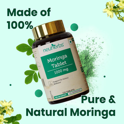 Neuherbs Moringa Tablets 1000mg | Drumstick Leaves Powder Tablets For Energy, Immunity, Digestion & Heart Health With No Artificial Preservatives | 120 Tablets