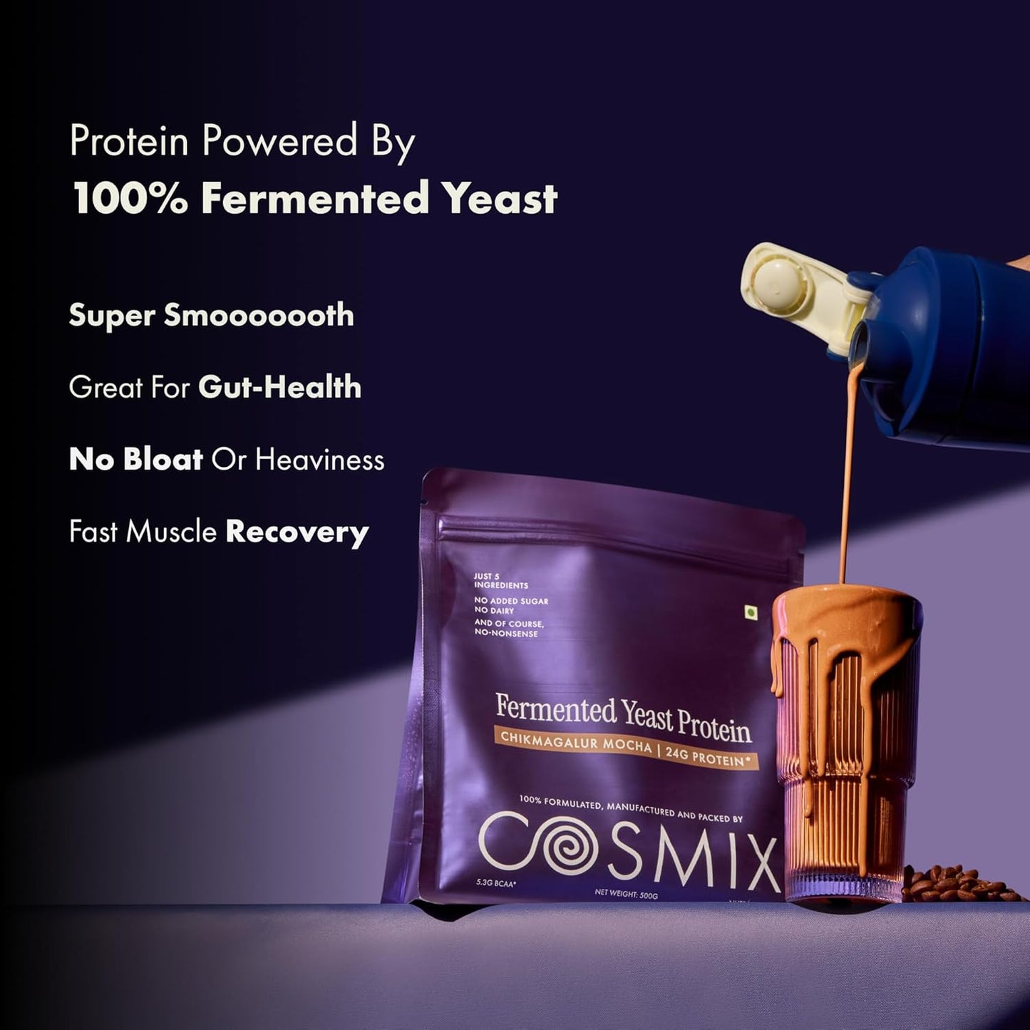 Cosmix Fermented Yeast Protein Powder | 24g Protein | Pure Single-Source Plant Protein | Made In-House | Smooth, Crazy tasty & Gut-Friendly | Chikmagalur Mocha, 38g Sachet