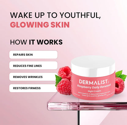 Dermalist Raspberry Daily Renewal 1% Retinol & 1% Bakuchi Oil Anti Ageing Night Cream | Reduces Fine Line & Wrinkles | For Men & Women | 50 G
