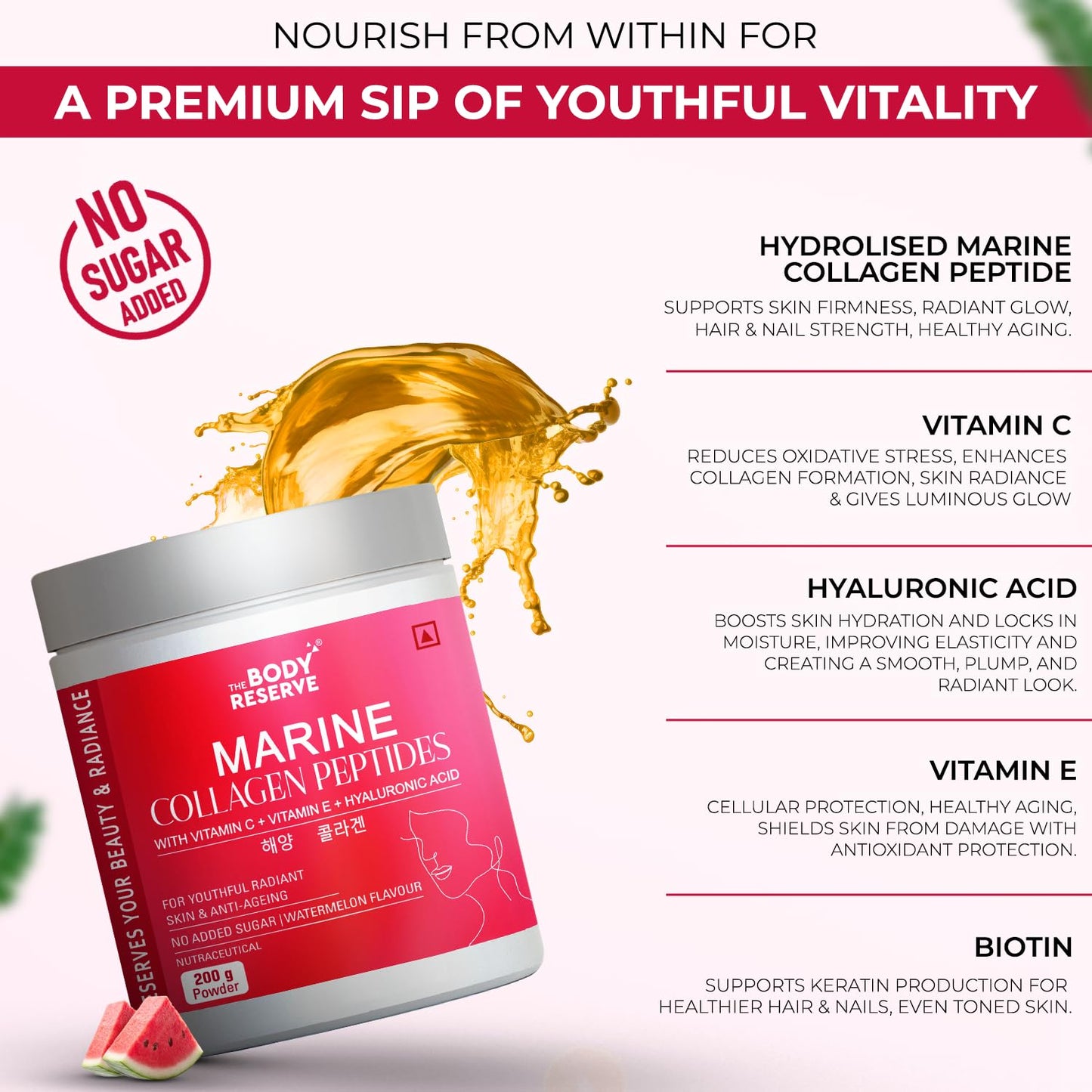 The Body Reserve Marine Collagen Peptides (Watermelon, 200g) | With Vitamin C, Vitamin E, Sodium Hyaluronate & Biotin | Supplement for Healthy Skin, Hair & Nails | Hydrolyzed Fish Powder for Women & Men