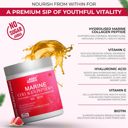 The Body Reserve Marine Collagen Peptides (Watermelon, 200g) | With Vitamin C, Vitamin E, Sodium Hyaluronate & Biotin | Supplement for Healthy Skin, Hair & Nails | Hydrolyzed Fish Powder for Women & Men