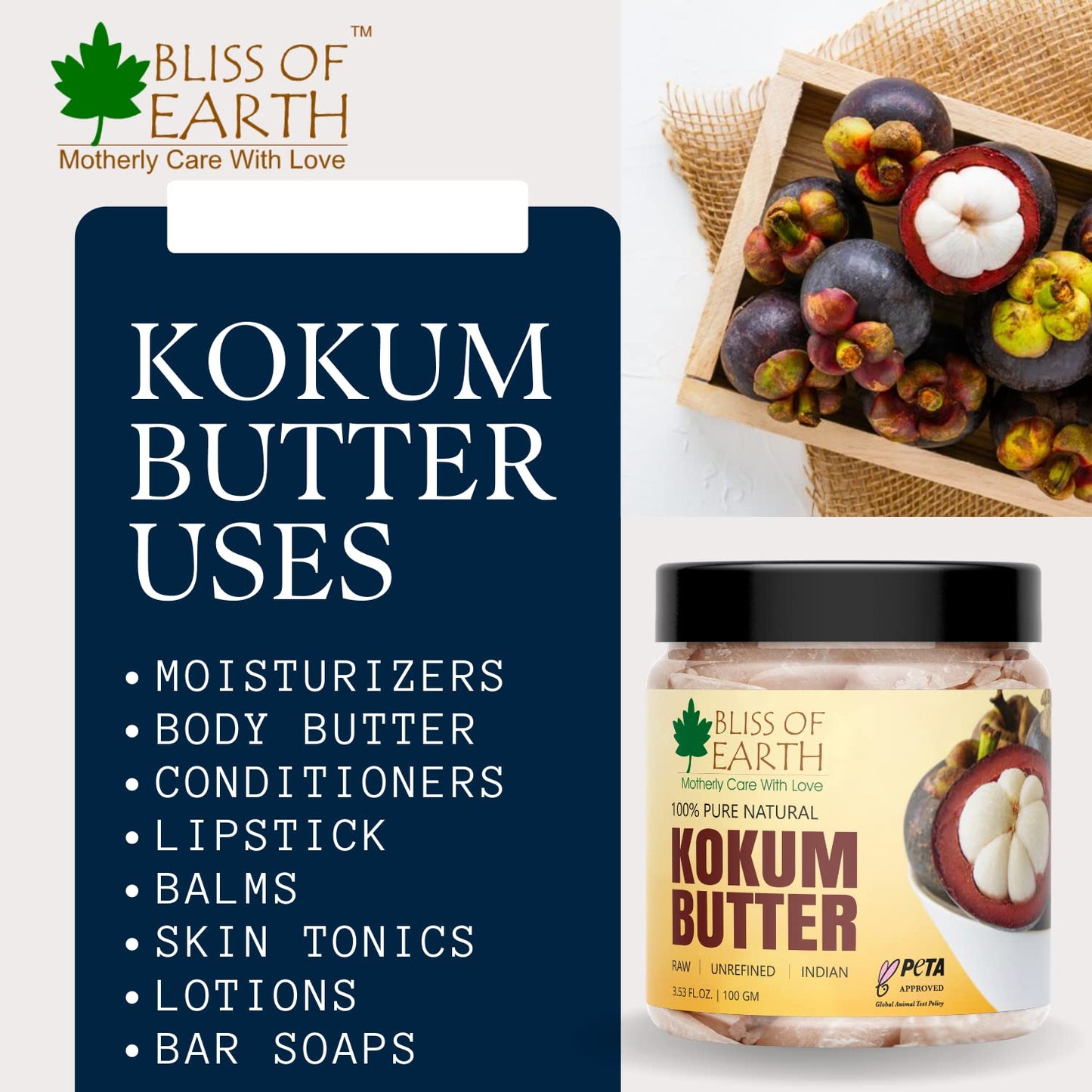 Bliss of earth 100% Pure Natural Kokum Butter Raw | Unrefined | Indian Great For Moisturized Skin,Nourishing Hair, Stretch Mark, DIY Product PETA Approved 100GM