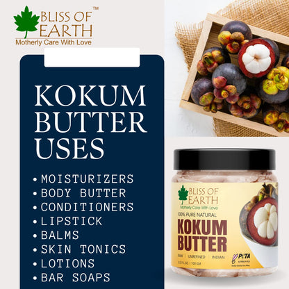 Bliss of earth 100% Pure Natural Kokum Butter Raw | Unrefined | Indian Great For Moisturized Skin,Nourishing Hair, Stretch Mark, DIY Product PETA Approved 100GM