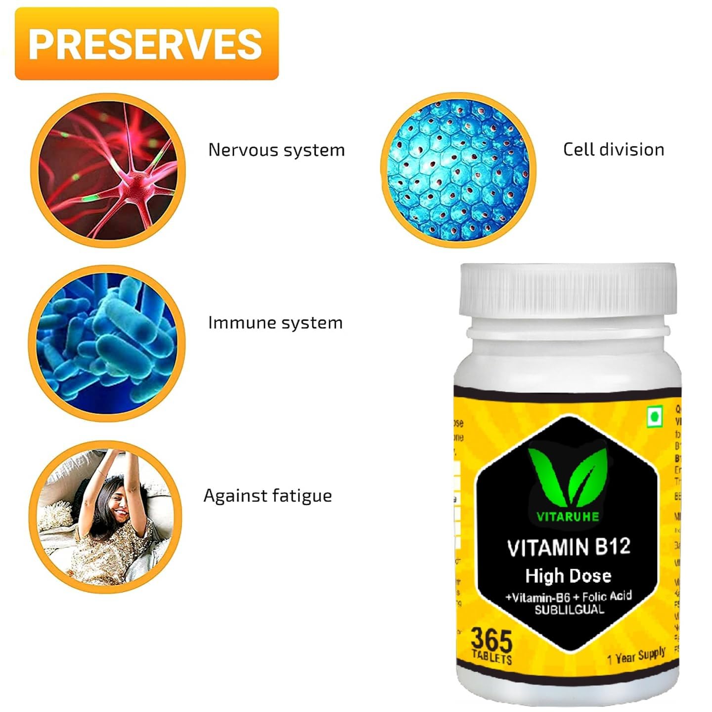 VITARUHEÂ® Vitamin B12 High Dose+ B6/Folic Acid, 365 Tablets Methylcobalamin & Sublingual for Maximum Effects, Vegan, 365 Tablets for 1 year Mango Flavour