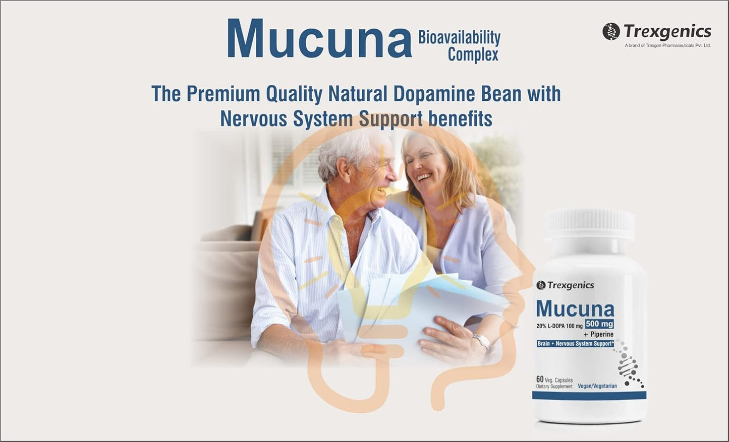 Trexgenics MUCUNA (20% L-Dopa) Pruriens (Kapikachhu) 500mg with Bio-enhancer Piperine 5mg Dopamine Booster Complex, Brain function, Nervous System (60 Vcaps) (1)