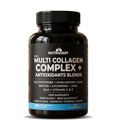 Nutrasium Multi Collagen Complex with Glutathione For Skin Radiance | with Hyaluronic Acid, Vitamin C & E | Veg Collagen Tablets For Skin & Hair | 90 tablets