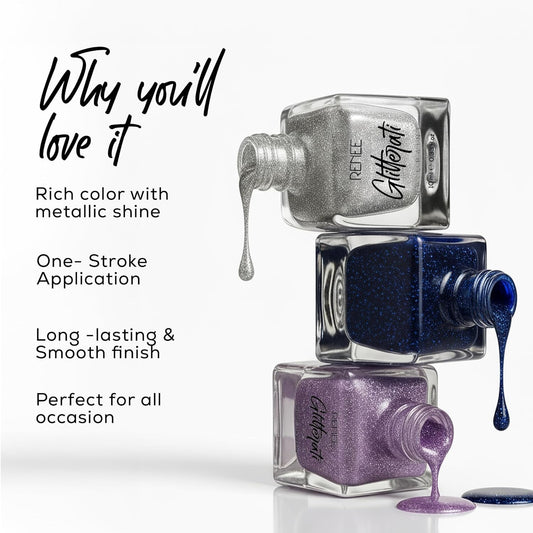 RENEE Glitterati Nail Paint - Lavender Glaze, Glittery Finish, Long Lasting, Chip resisting Formula with High Glitter & Full Coverage, Acetone & Paraben Free, 10 Ml
