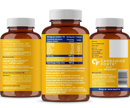 Carbamide Forte Omega 3 Fish Oil Capsules Softgel | Fish Oil Omega 3 Supplement | Omega3 Fatty Acid Fishoil Supplement To Support heart, Joints & Skin - 1400mg | 90 Sofetgel Capsules