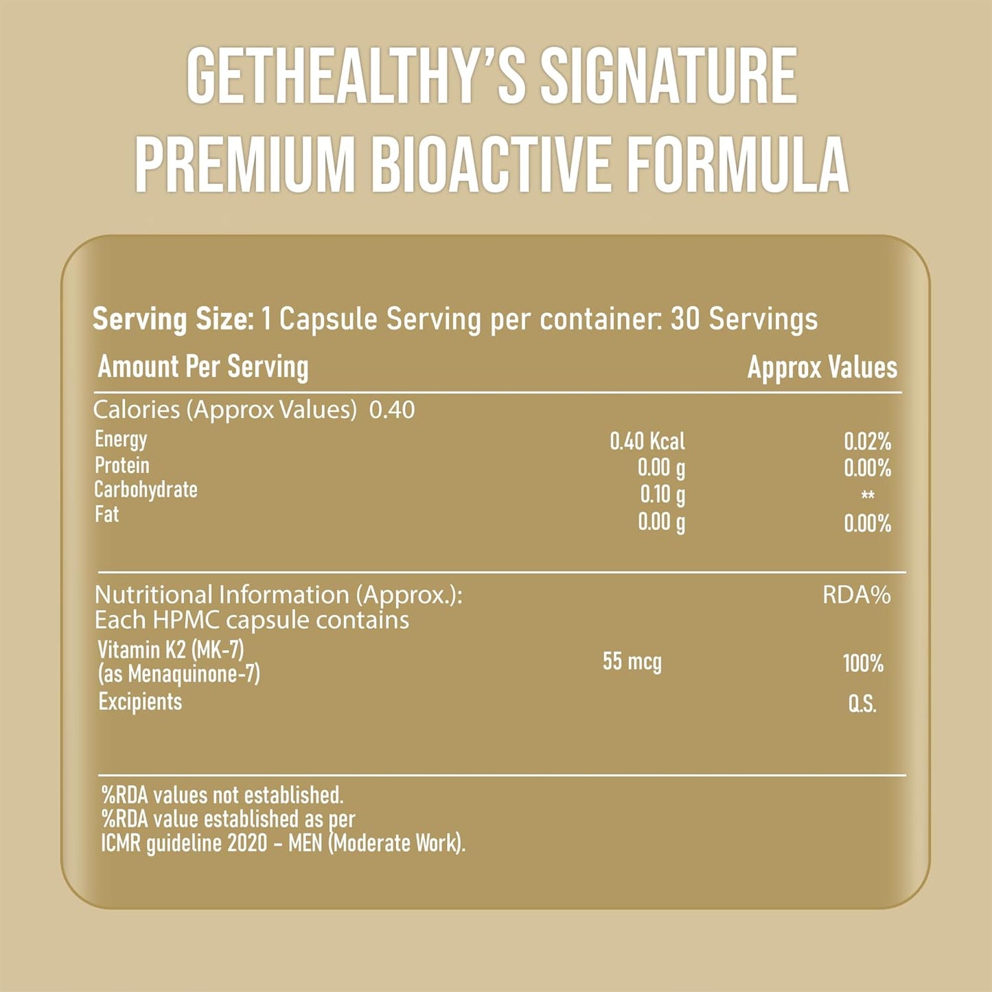 GetHealthyÂ® CalciBalanceâ„¢ Vitamin K2 MK7 55 mcg | All-Trans Menaquinone-7 | Daily Bone Wellness Support | Vegetarian Capsules | Made in India | 30 Count