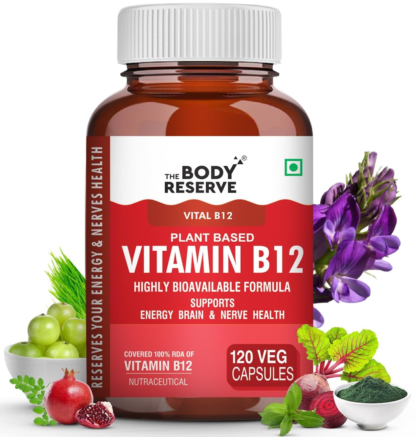 The Body Reserve Plant Based Vitamin B12 Supplement For Men & Women 120 Capsules Organic Vitamin B12 For Nerve And Brain Health Vegan Capsules