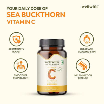Wellwith Sea buckthorn Berry Powder Capsules â€“ 60 Vegan Caps |Sea buckthorn capsules rich in Natural Vitamin C for Skin Glow & Collagen Boost | Pack of 1