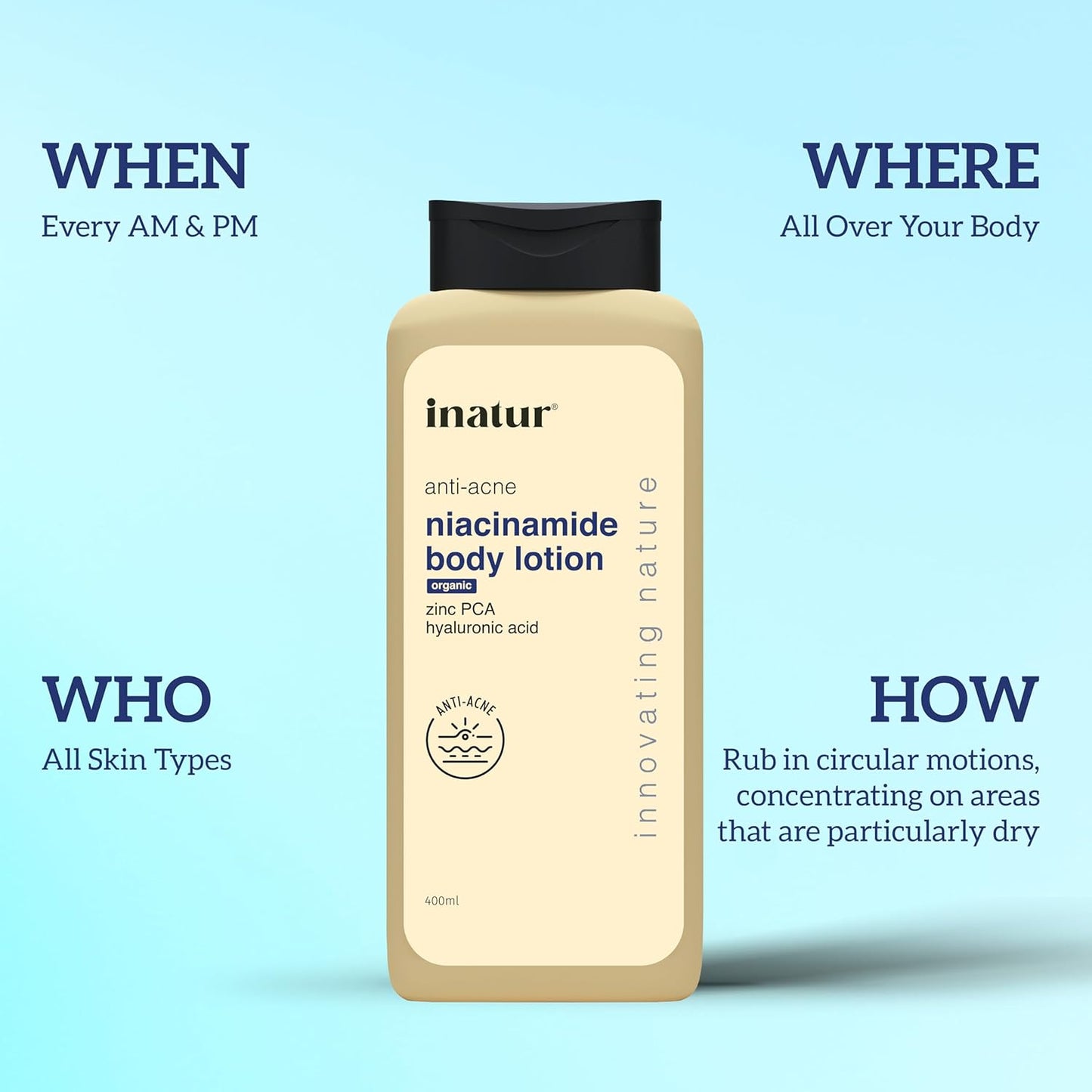 inatur Niacinamide Body Lotion 400ml â€“ Anti-Acne Moisturizer with 2% Salicylic Acid, Zinc PCA & Hyaluronic Acid | Sulphate-Free Formula for Smooth, Hydrated Skin | Deep Nourishment & Oil Control