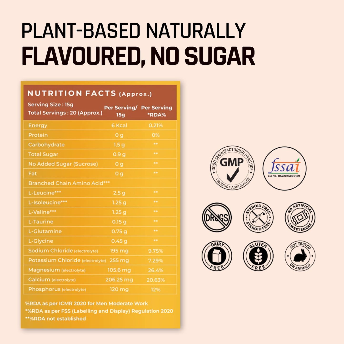 Naturaltein BCAA E+ Boost - Vegan BCAAs with Electrolytes, Vitamins & Minerals - 300g Clean Energy Drink - Natural Orange
