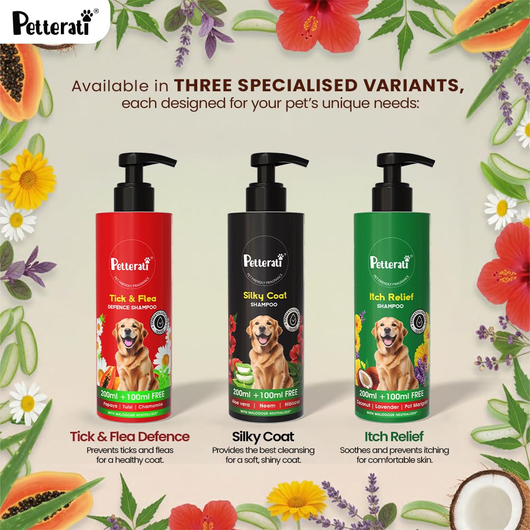 Petterati Silky Coat Dog Shampoo | Aloe Vera, Neem & Hibiscus | Deep Cleansing for Soft, Shiny Coat | 200ml + 100ml Free