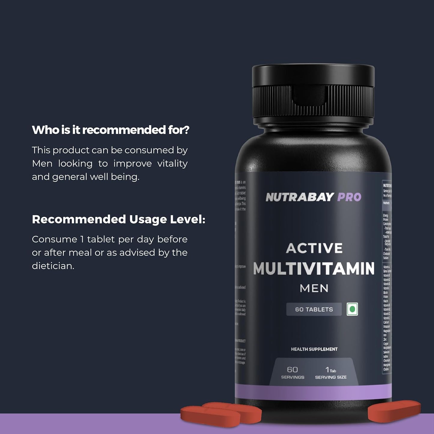 Nutrabay Pro Active Multivitamin for Men with Zinc, Magnesium, Vitamin B,C,A,E â€“ Enhances Energy, Immunity & Better Sleepâ€“ 60 Veg Capsules | 100% RDA for Viamins & Minerals | Purity Tested Supplement