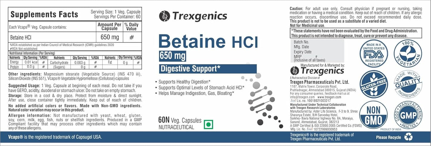 Trexgenics Betaine HCL 650 mg Stomach Acid Balance & Digestive Health Support (60 Veg. Capsules) (Pack of 1)