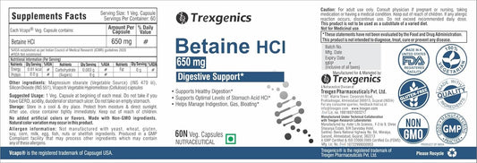 Trexgenics Betaine HCL 650 mg Stomach Acid Balance & Digestive Health Support (60 Veg. Capsules) (Pack of 1)