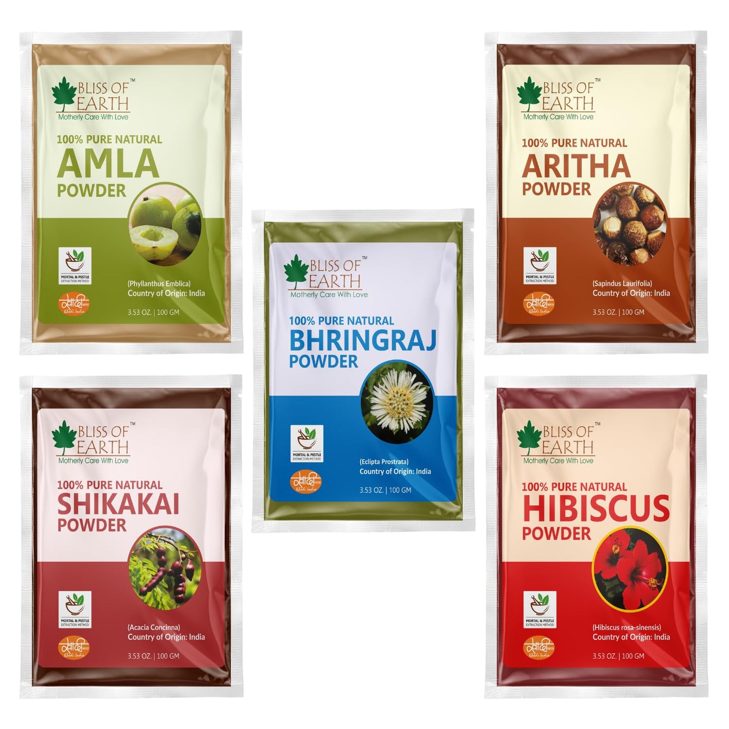 Bliss of Earth Amla Reetha Shikakai Bhringraj Hibiscus Powder â€“ Natural Hair Growth & Hair Mask â€“ 100gm Each, Pack of 5