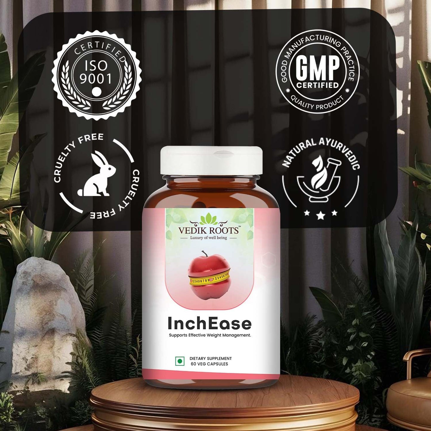 InchEase | Ayurvedic Supplement for Healthy Weight Loss Management |Fat Burners|Weight Management for Women & Men 60 Veg Capsules (Pack of 1)