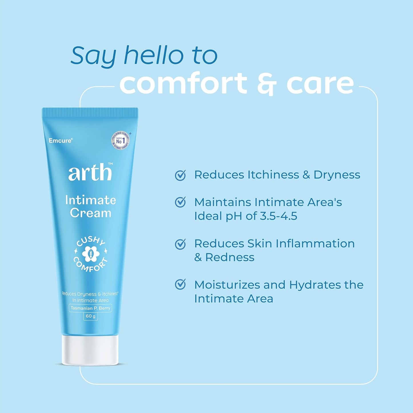 Arth Intimate Cream for Women to Balance Intimate pH (3.5-4.5) | Reduces Dryness, Itching, Irritation & Soothes Intimate Area | With Tasmanian Berry & Australian Tea Tree | Daily Intimate Hygiene | 60g