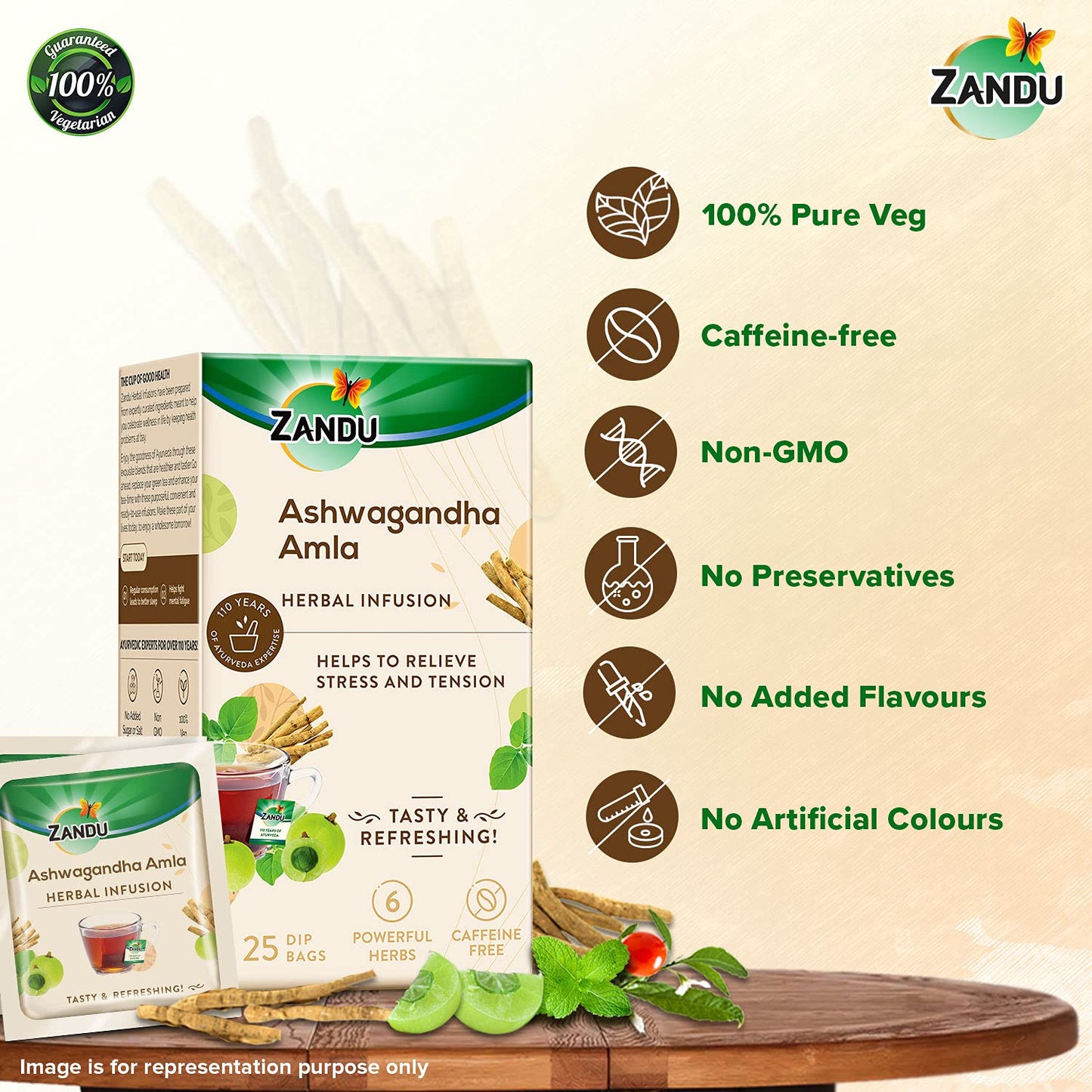 Zandu Ashwagandha Amla Ayurvedic Infusion, a Herbal Tea Enriched with 6 Ayurvedic Ingredients (25 Tea Bags)