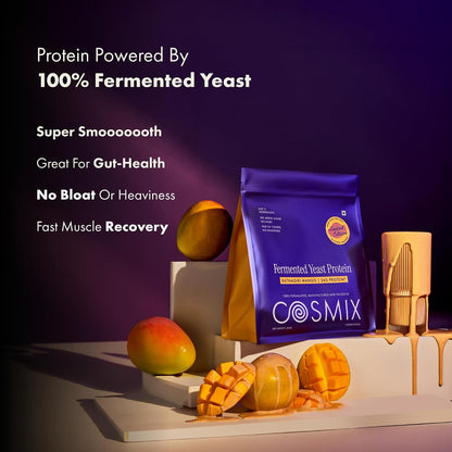 Cosmix Fermented Yeast Protein Powder | 24g Protein | Made with Real Mango | High Absorption with PDCAAS of 1 | No Dairy | Made In-House | Smooth, Tasty & Gut-Friendly | Ratnagiri Mango, 1Kg Pouch
