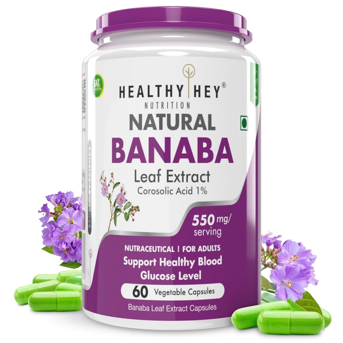 HealthyHey Nutrition Banaba Leaf Extract 550mg 60 Veg Capsules (Non-GMO & Gluten Free) - Supports Healthy Blood Sugar Levels