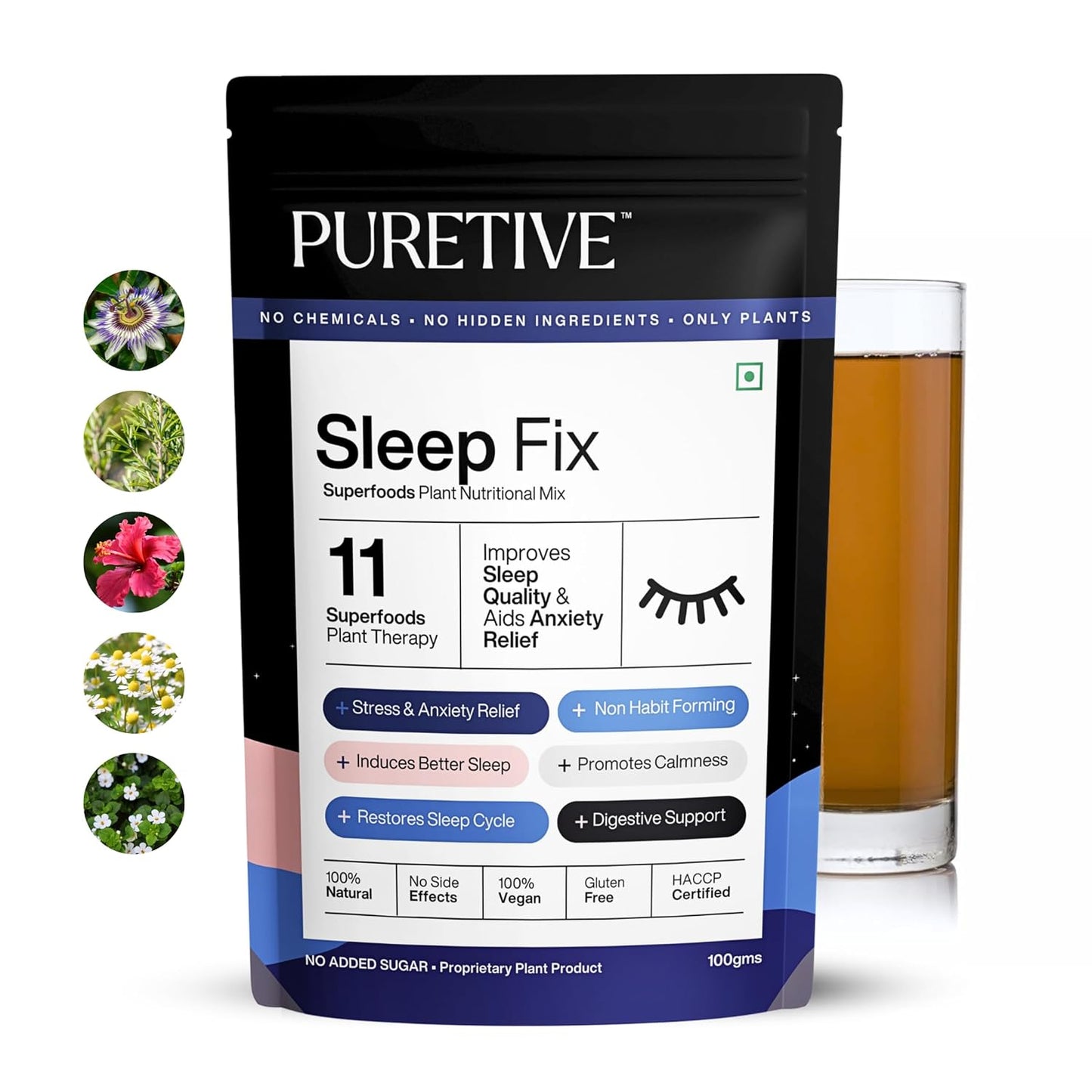 Puretive Sleep Fix Superfoods Mix | Natural Melatonin | Plant Based for Men & Women| For Deep Sleep, Stress Relief with Tagar, Ashwagandha Root, Reishi Mushroom | 100% PURE, Vegan | 100gms