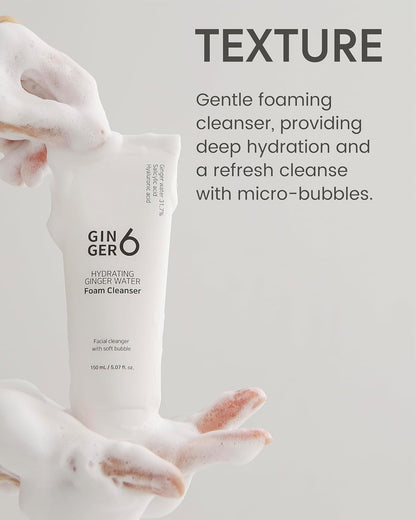 GINGER6 Hydrating Foam Cleanser 150ml | 31.7% Ginger Water| Salicylic Acid Face Wash for Acne Care| 5 Hyaluronic Acid Hydration| Deep Clean & Calming Korean Skincare | Non-Comedogenic & Hypoallergenic