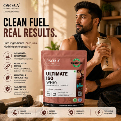 OSOAA Ultimate ISO Impact Whey Protein - 1kg, Belgian Chocolate | 26g Protein, 7g BCAA | Tri-Blend: Isolate, Concentrate & Hydrolysate | Trustified Certified & Batchwise NABL Lab Tested | Unbox Health A Rated | No Adulteration