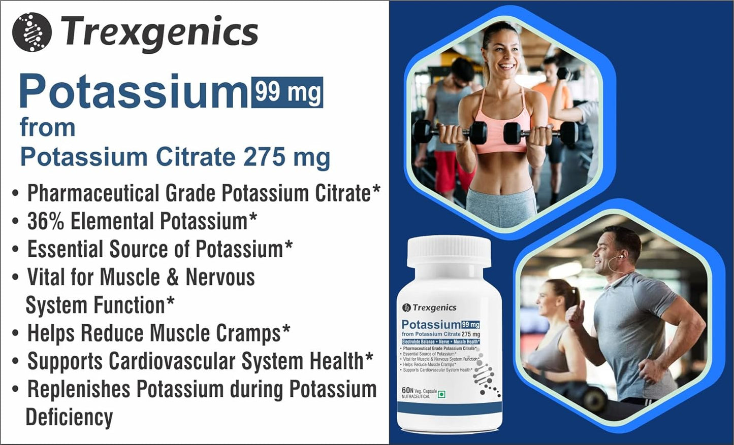 Trexgenics POTASSIUM CITRATE (K 99) 275 mg Electrolyte Balance, Nerve & Muscle Health VEGAN & NON-GMO (60 Vcaps) (Pack of 1)