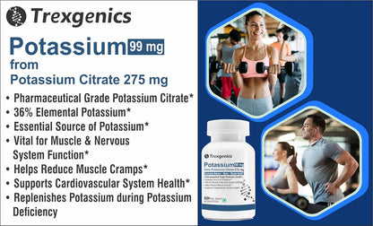 Trexgenics POTASSIUM CITRATE (K 99) 275 mg Electrolyte Balance, Nerve & Muscle Health VEGAN & NON-GMO (60 Vcaps) (Pack of 1)
