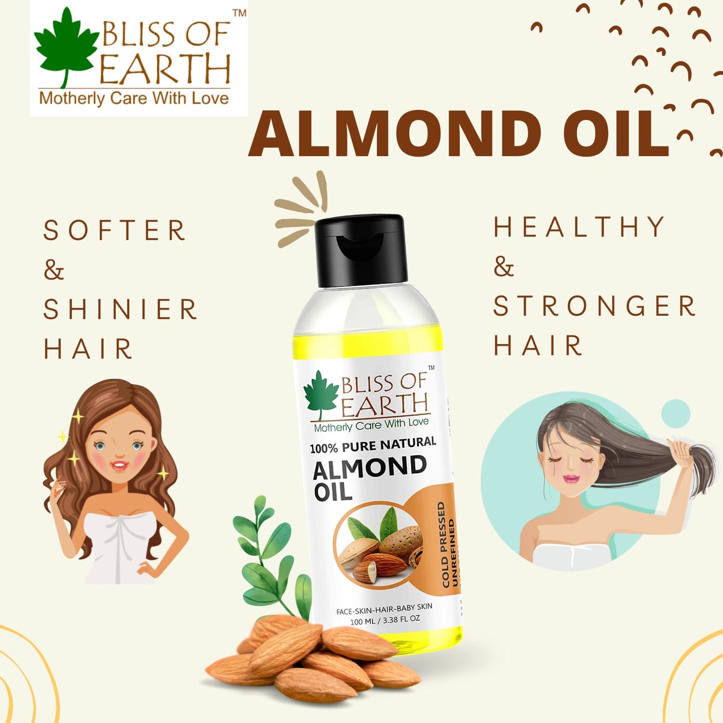 Bliss of Earthï¿½ 100% Pure & Natural Sweet Almond Oil (Coldpressed & Unrefined) Extracted From Whole Almond Kernels (100ML)