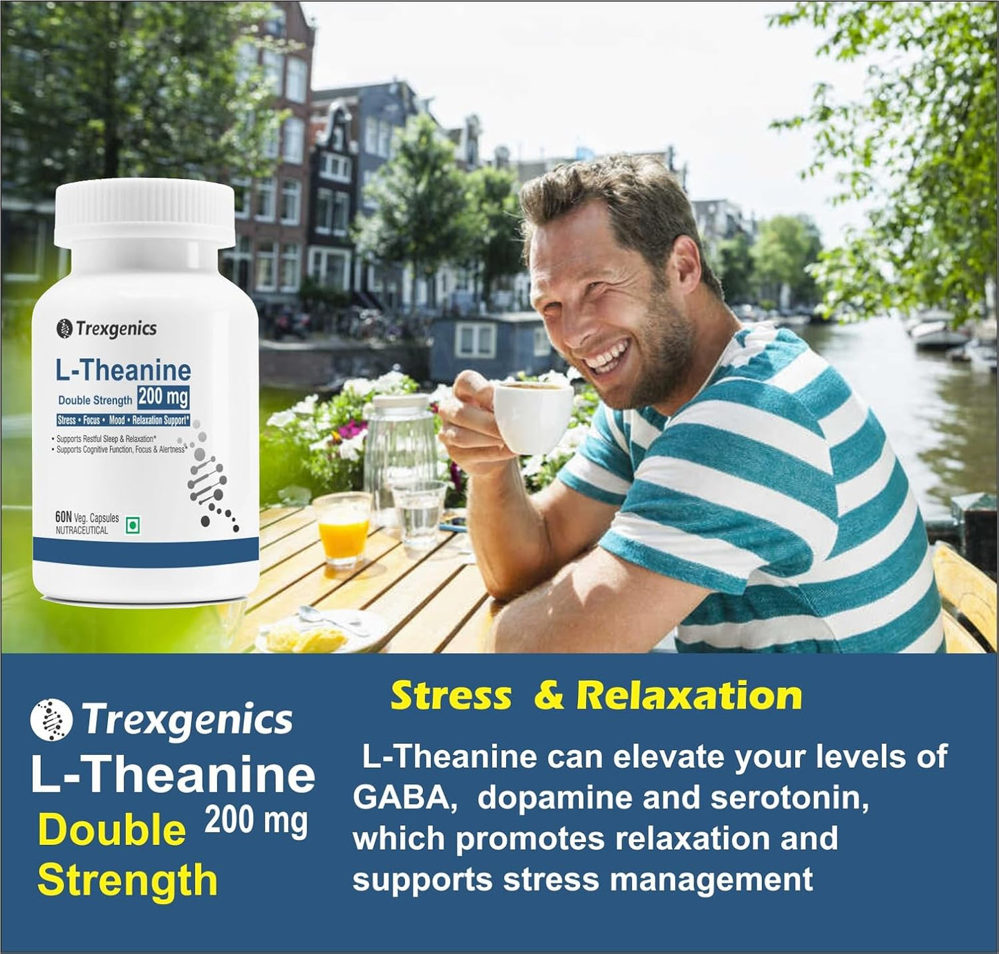 Trexgenics L-THEANINE 200 mg, Double strength Stress, Focus, Mood, Relaxation Support (60 Veg Capsules)