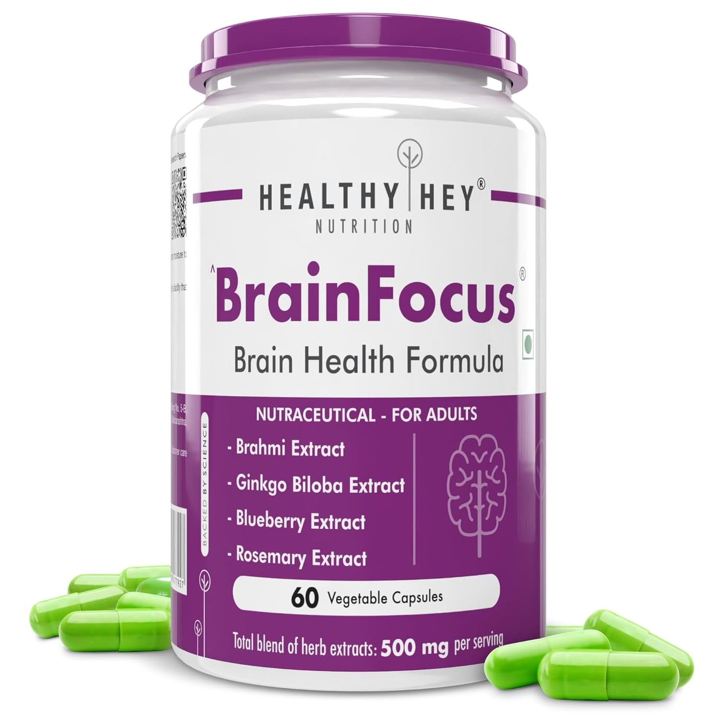 Healthyhey Nutrition BrainFocus - Natural Brain Health Formula for Memory & Focus - 60 Veg Capsules