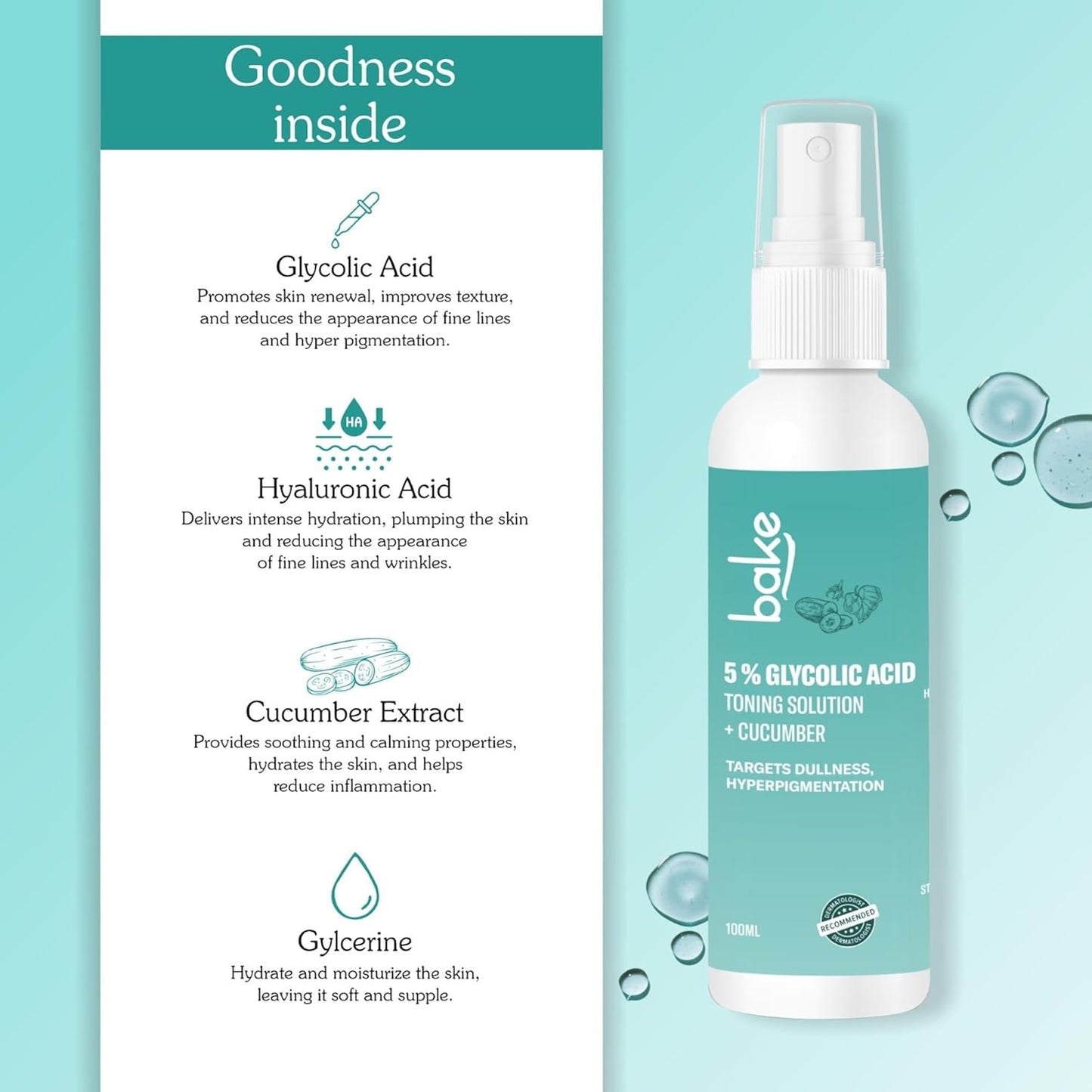 BAKE 5% Glycolic Acid Toner with Hyaluronic Acid for Pigmentation, Tan Removal & Pore Tightening | For Combination skin, Oily, Acne Prone skin | Glowing & Brightening Skin | 100ml