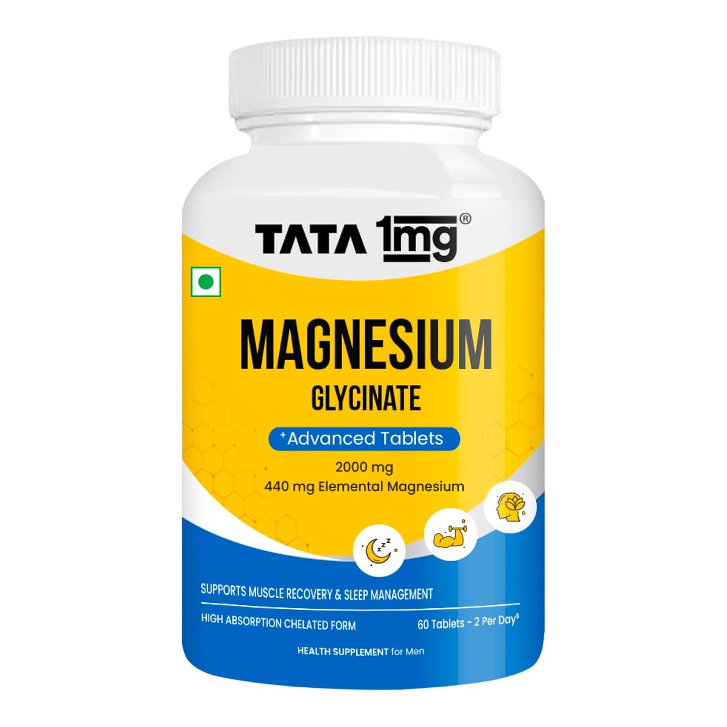Tata 1mg Magnesium Glycinate Tablets |2000mg | High Absorption Chelated form for Muscle Recovery, Sleep & Nerve Health | 2000mg Per Serving â€“ 60 Veg Tablets