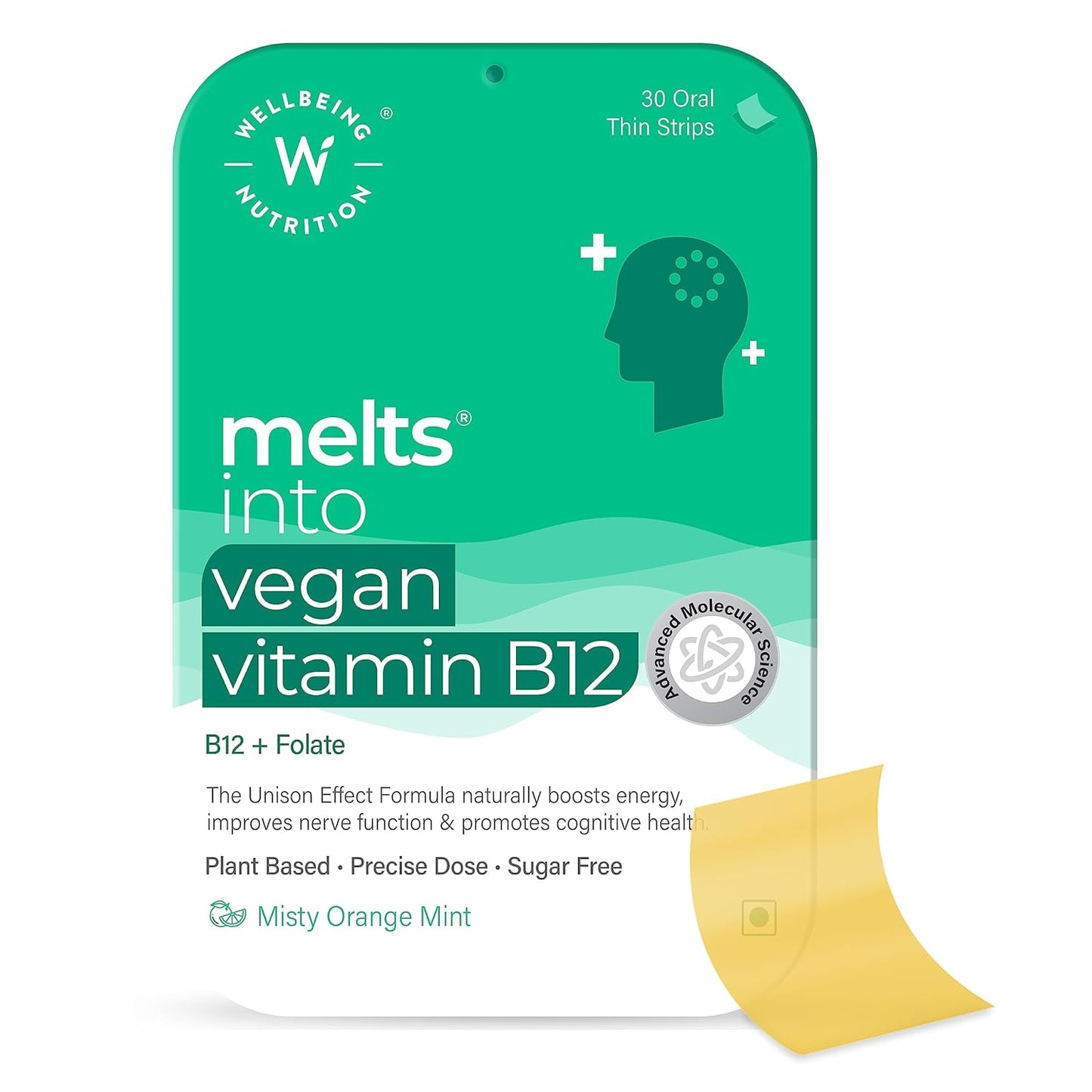 Wellbeing Nutrition Melts Vegan Vitamin B12 Supplements for men & women | Memory Booster and Brain, Heart & Nervous System Support with B12, Folate, Brahmi & CurcuWIN | 30 Oral Thin Strips