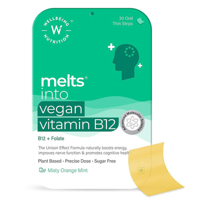 Wellbeing Nutrition Melts Vegan Vitamin B12 Supplements for men & women | Memory Booster and Brain, Heart & Nervous System Support with B12, Folate, Brahmi & CurcuWIN | 30 Oral Thin Strips