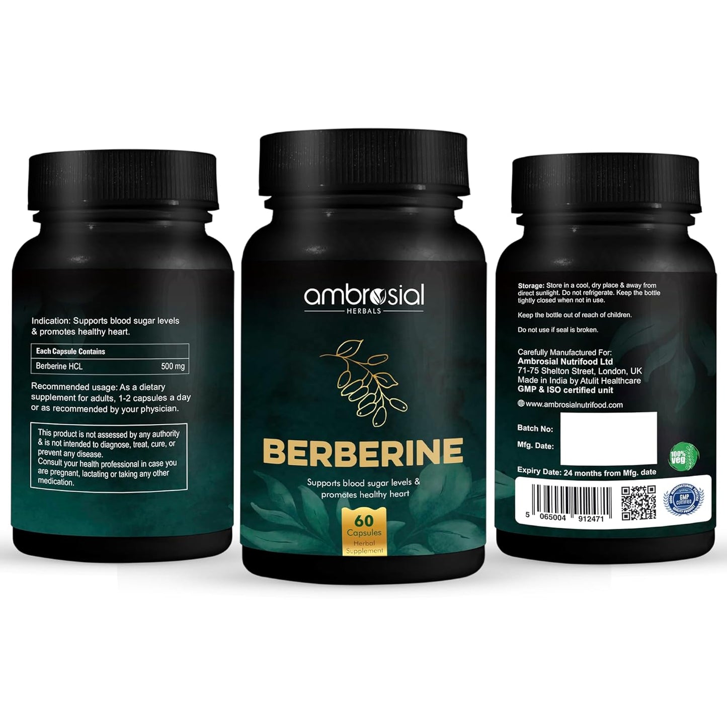 Ambrosial Berberine HCL 500mg EACH capsule |High Strength Berberine Supplements to Manage Diabetes and Blood Sugar Levels | Premium Herbal Diabetes Care Tablets (Pack of 1-60 Capsules)