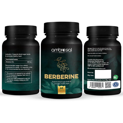 Ambrosial Berberine HCL 500mg EACH capsule |High Strength Berberine Supplements to Manage Diabetes and Blood Sugar Levels | Premium Herbal Diabetes Care Tablets (Pack of 1-60 Capsules)