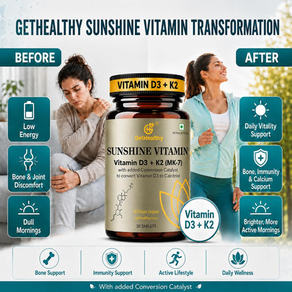 GetHealthyÂ® Sunshine Vitaminâ„¢ | Vegan Vitamin D3 K2 MK7 Tablets | 600 IU Vitamin D3 + K2 Supplement for Bone, Heart & Immune Support | 30 Day Supply | Third-Party Lab Tested