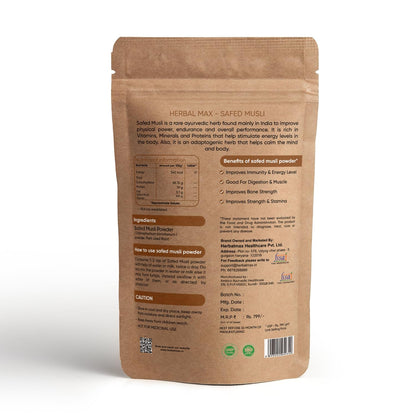 Herbal Max Organic Safed Musli Root Powder â€“ 100g | Ayurvedic Supplement for Strength, Stamina, Vitality & Performance | Herbal Health Booster