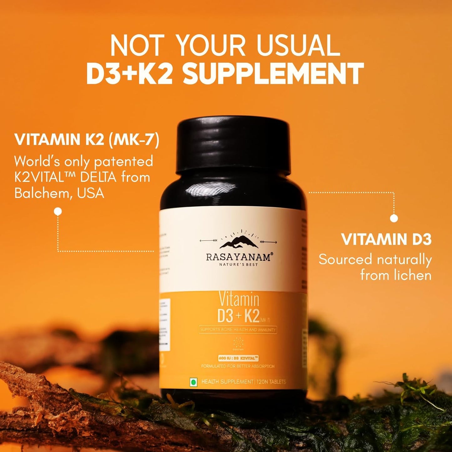Rasayanam Vitamin D3 K2(MK-7) | 100% Vegan Vitamin D3 | Superior K2(MK-7) from Balchem, USA | For Calcium Utilization, Bone Strength & Heart Health | D3 Supplement For Immunity | 120 Veg Tablets