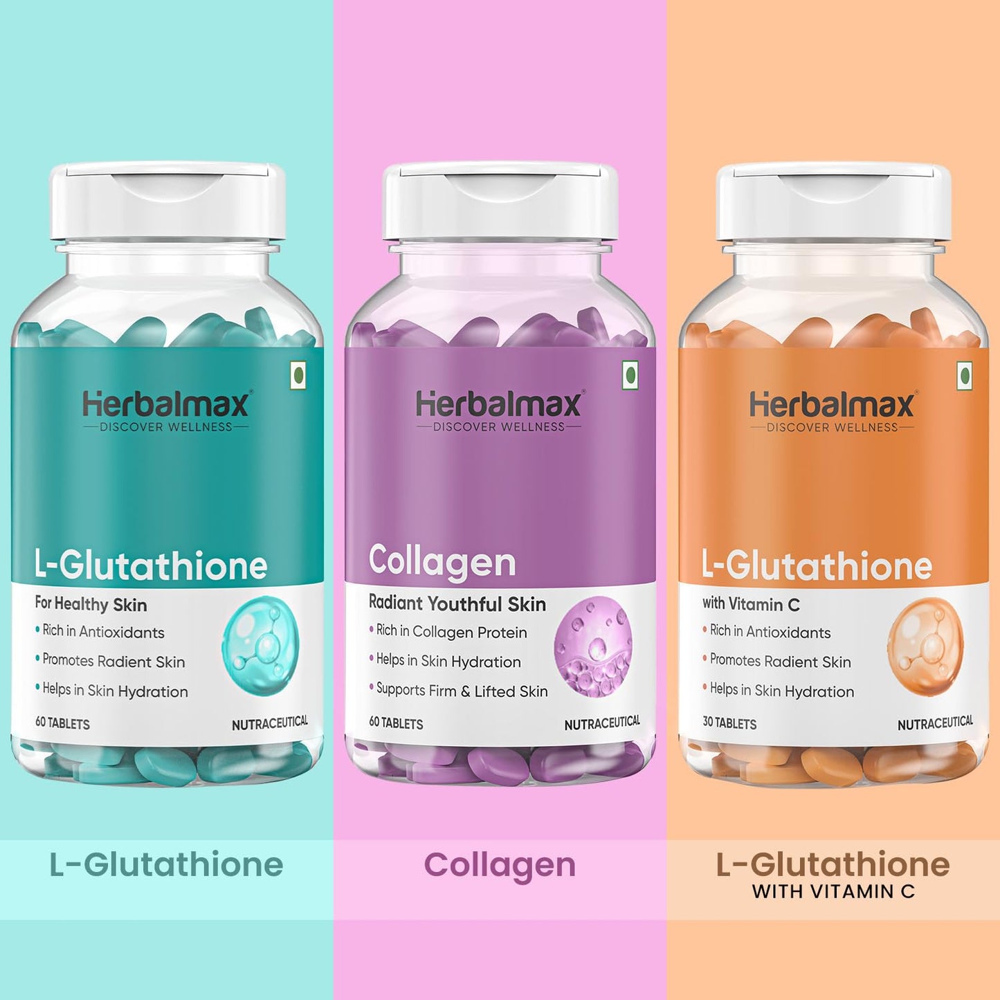 Herbal Max L-Glutathione Tablets for Skin Whitening 60 Tablets | With Vitamin C & Antioxidants | Supports Glowing, Hydrated & Youthful Skin | Unisex Supplement