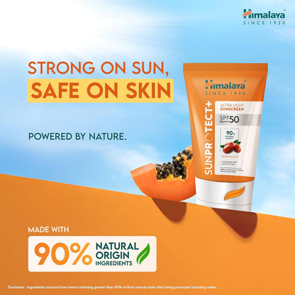 Himalaya Sun Protect+ Ultra Light Sunscreen | 90% Natural Origin Ingredients | In vivo tested SPF 50 PA++++ | Dermatologically tested for all skin types | No white cast | Sweat Resistant | 30g