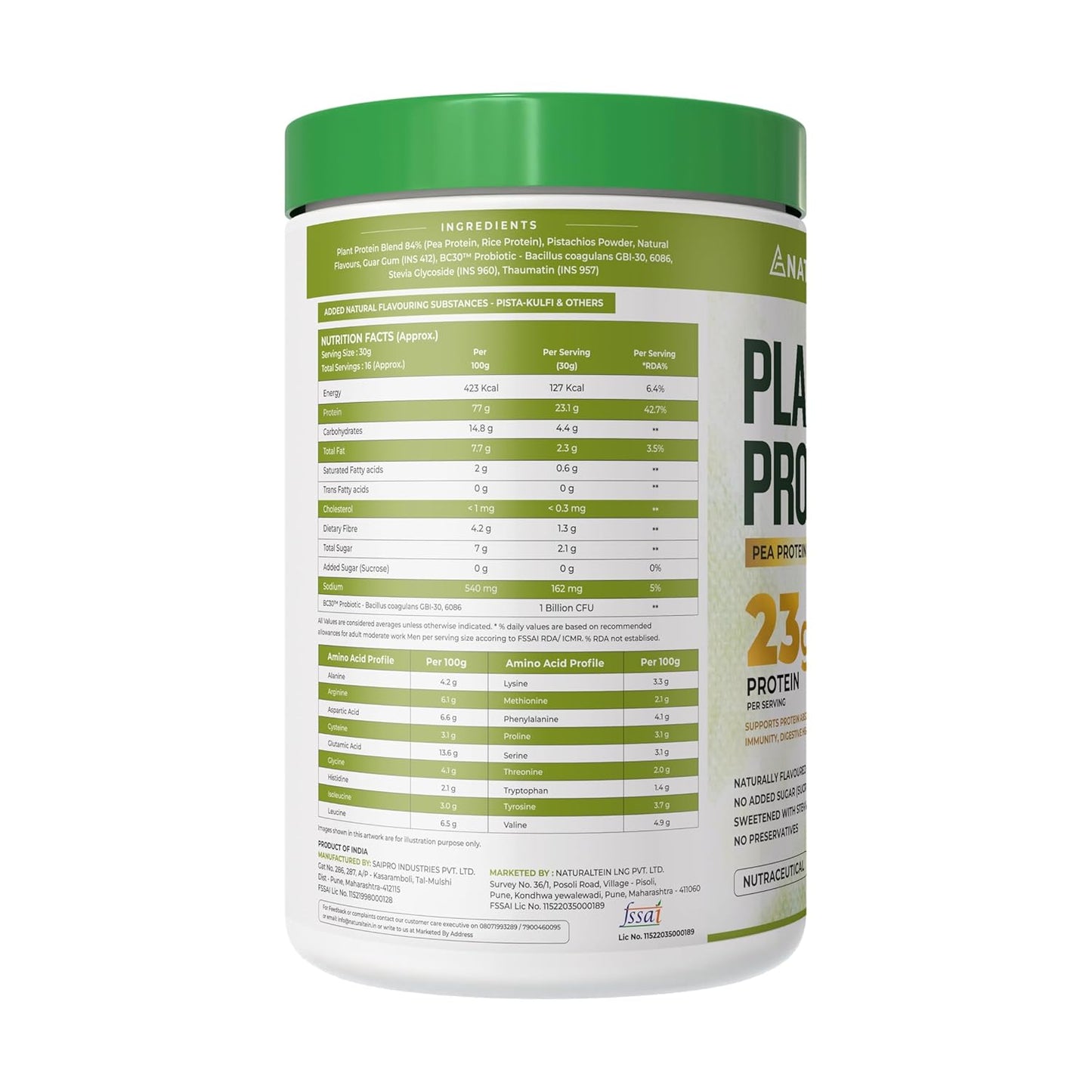 NATURALTEIN Plant Protein | 23g Clean Vegan Protein with BC30 Probiotic | Natural Pista Flavour | Supports Strength, Energy & Gut Health | No Added Sugar, 100% Natural & Easily Digestible
